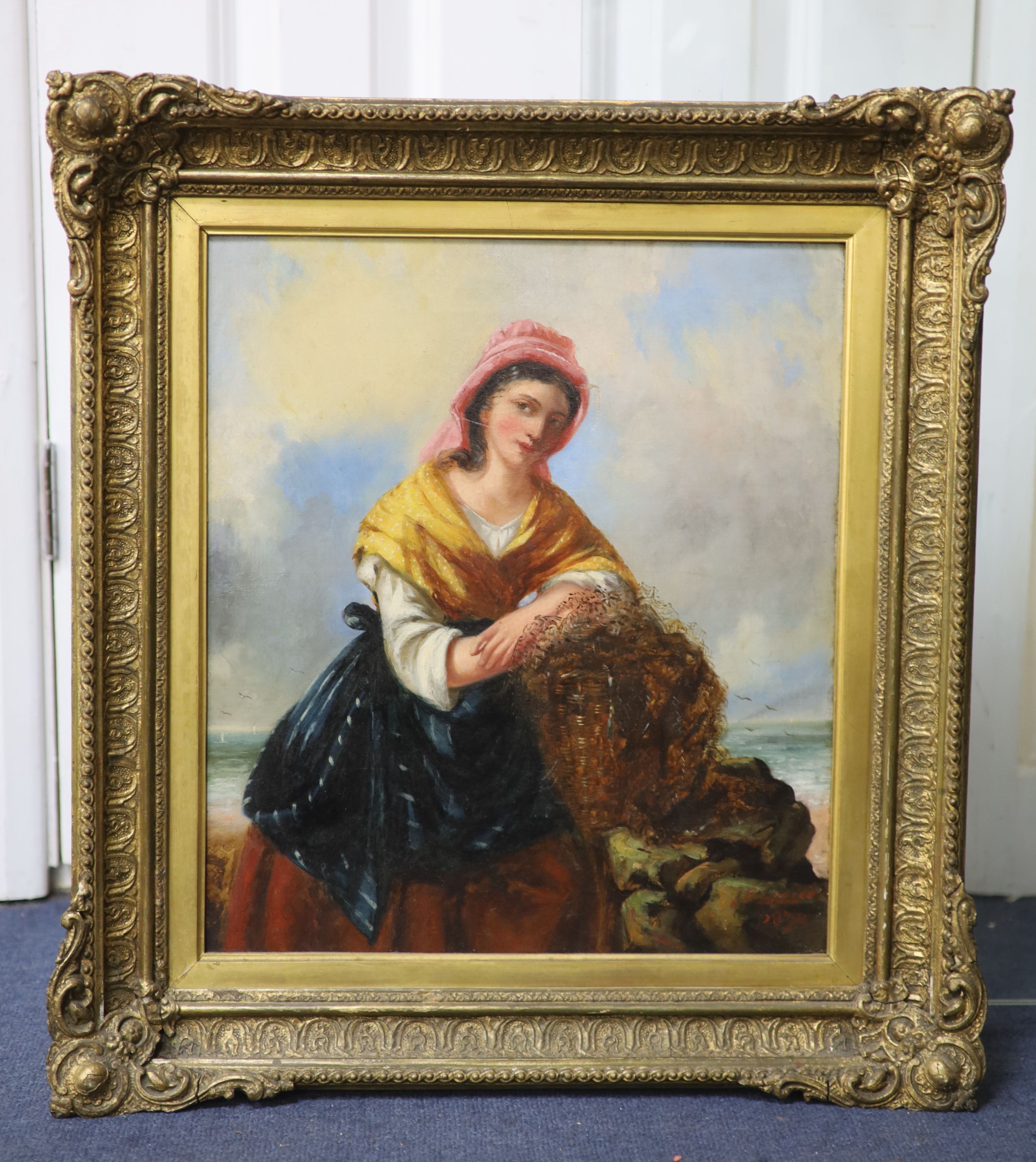 Victorian School, oil on canvas, Fisherwoman on the shore, indistinctly signed and dated 1870, 40 x 35cm